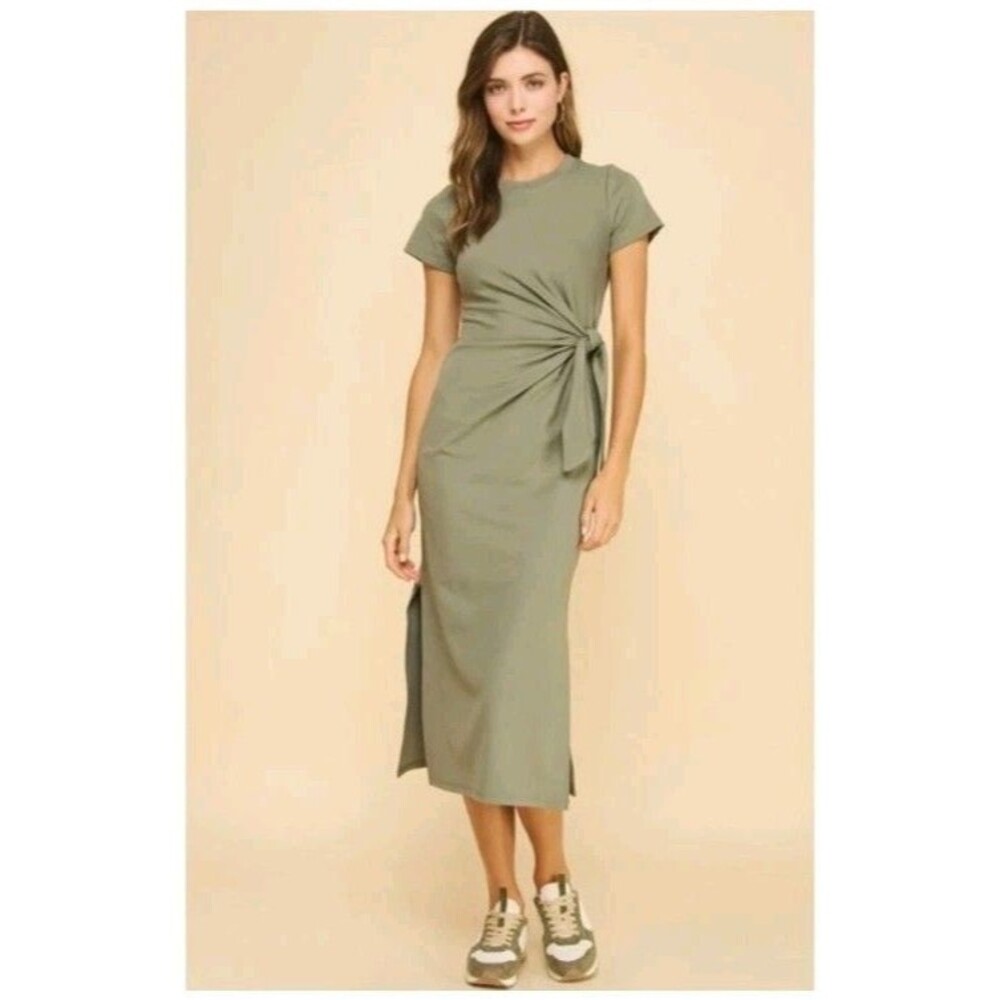 NATION LTD Lavi Dress Tie Front Maxi Faux Wrap Sage Green Cotton Casual Size L